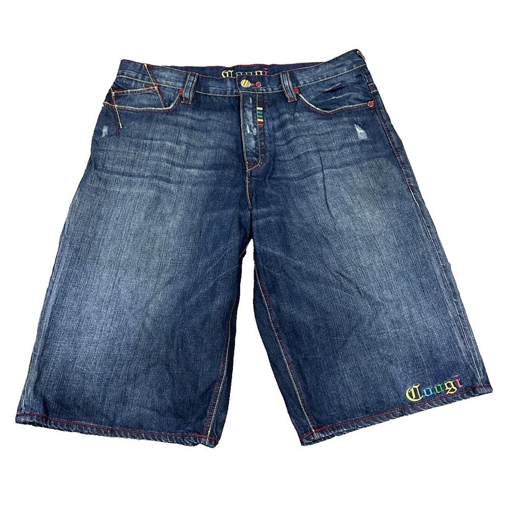 COOGI Mens Y2K Baggy Denim Shorts Blue Embroidered Size 40
